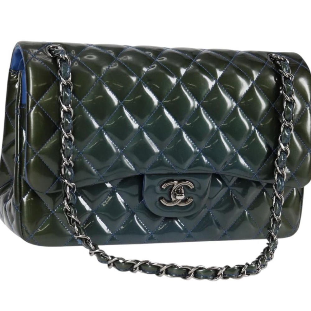 CHANEL Jumbo Double flap Matelasse Chain Bag Patent Leather 2way Blue Silver - Picture 1 of 16
